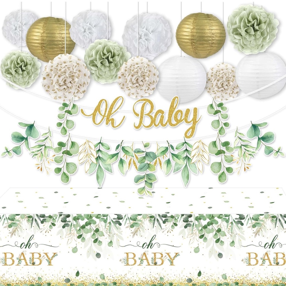 NWT Sage Green and gold baby shower party decorations. Over 50 items.‎